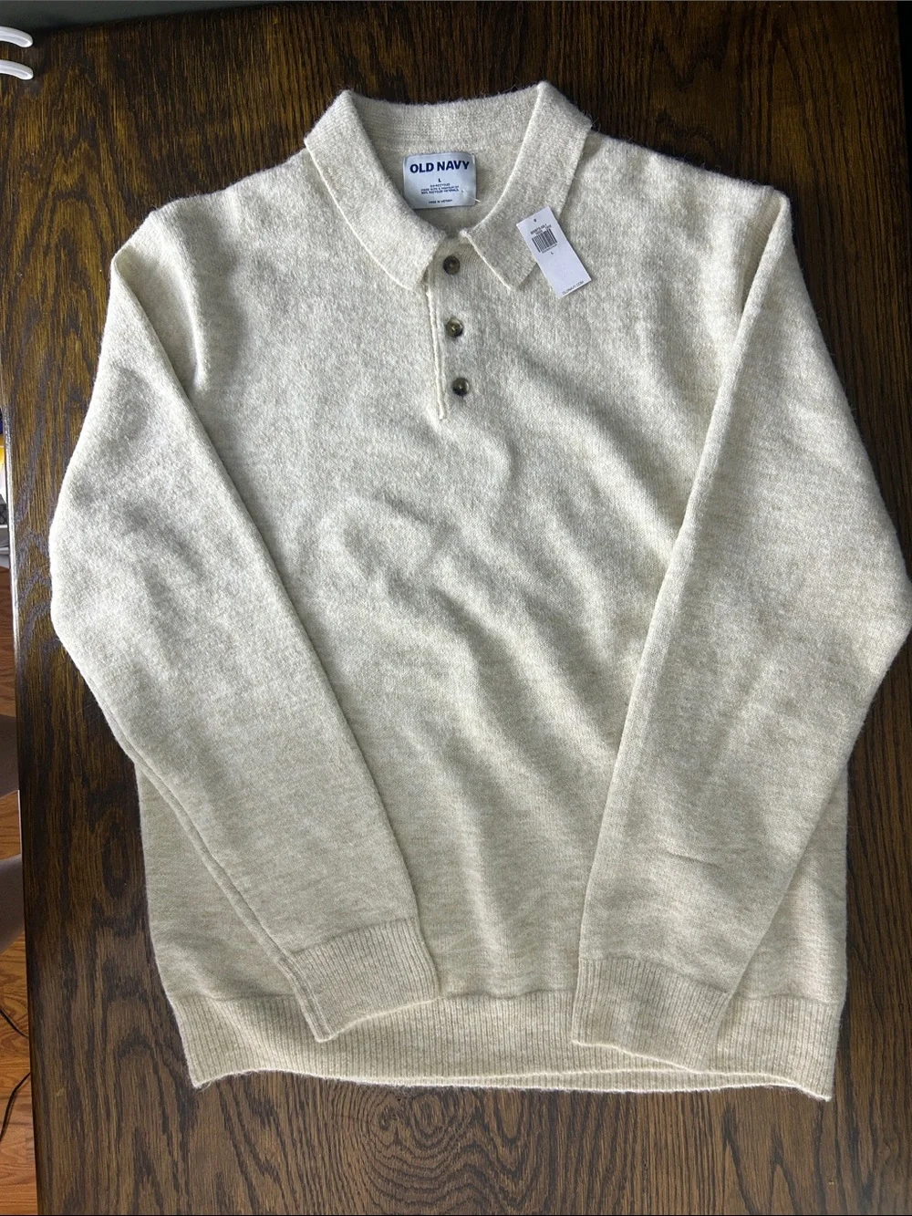 Old Navy Men's Oat Colored Long Sleeve Knit Crewneck Polo Sweater SIZE Large